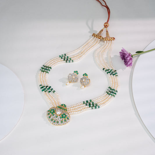 Natural Emerald With Button Freshwater Pearl Necklace Set