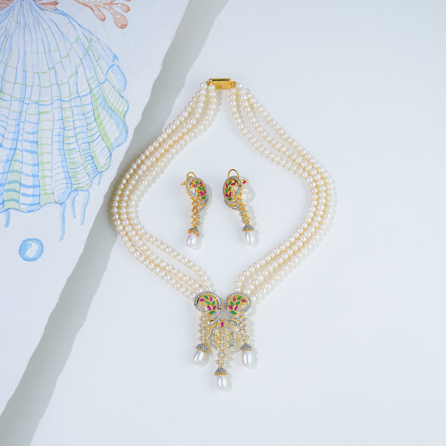 Antique Red Green Multicolor Freshwater Pearl Necklace Set