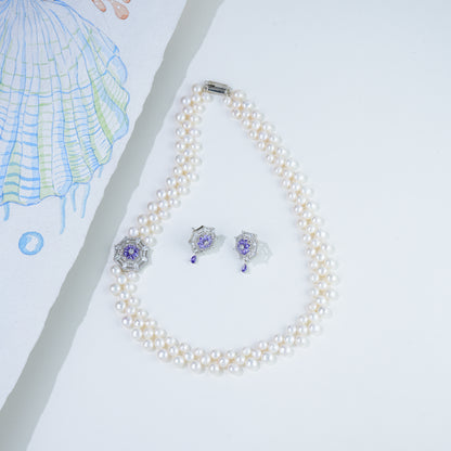 Sparkling Blue Stone Sidepiece Freshwater Pearls Necklace Set