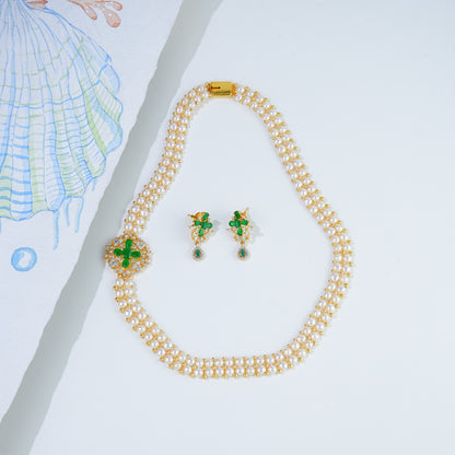 Regal Button Fancy Green Stone Freshwater Pearl Necklace Set