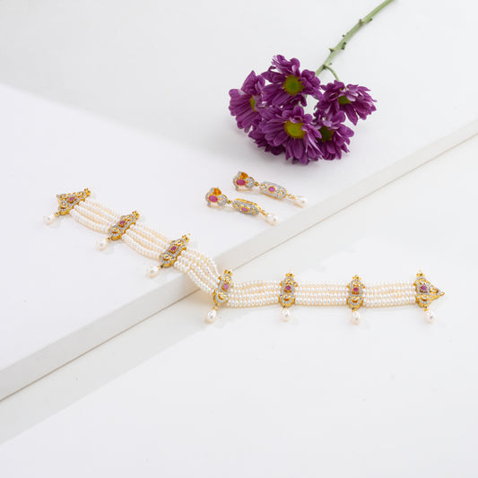 Sparkling Red Stone Freshwater Pearl Choker Set