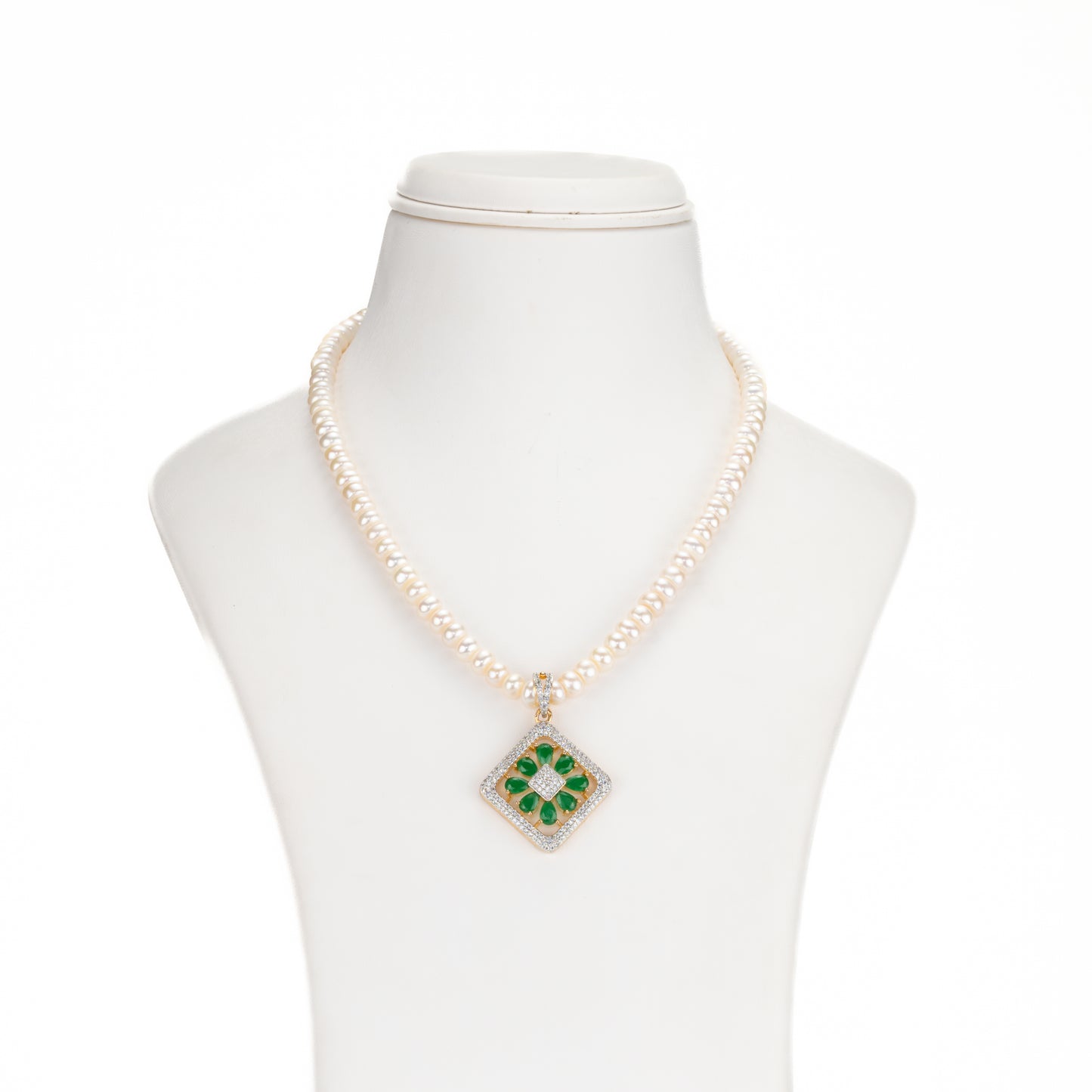 Ornate Green Stone Freshwater Pearl Necklace Set