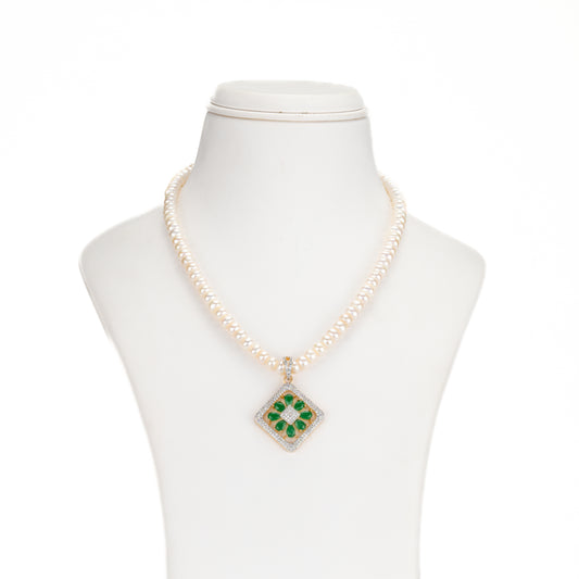 Ornate Green Stone Freshwater Pearl Necklace Set