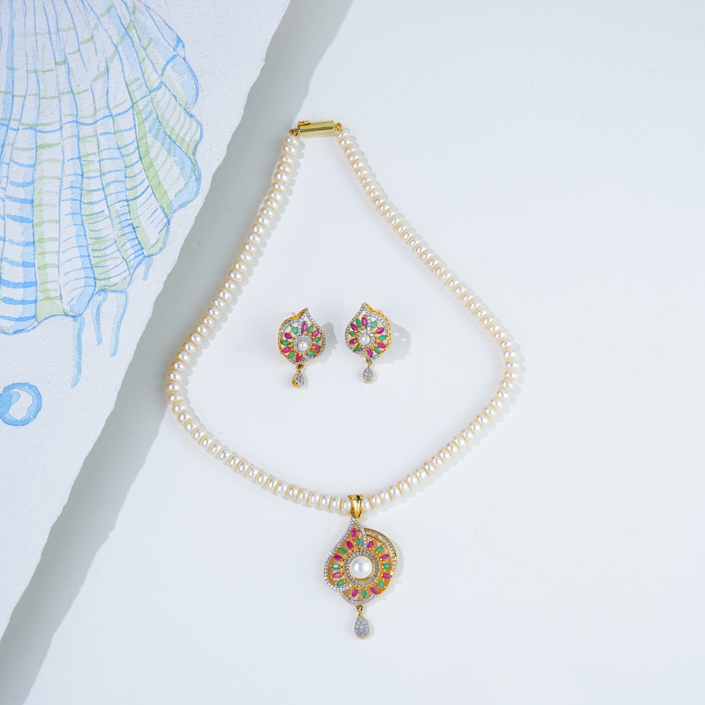 Brilliant Red Green Freshwater Pearls Necklace Set