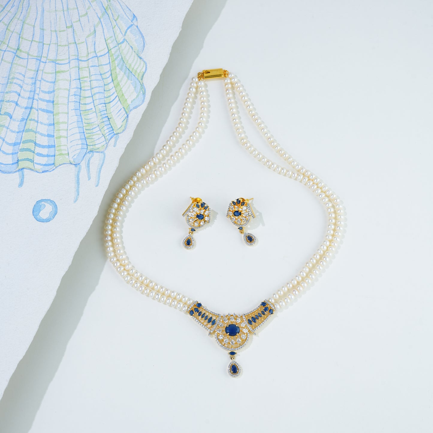 Delicate Blue Stone Freshwater Pearl Necklace Set