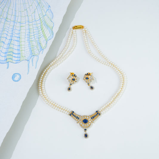 Delicate Blue Stone Freshwater Pearl Necklace Set