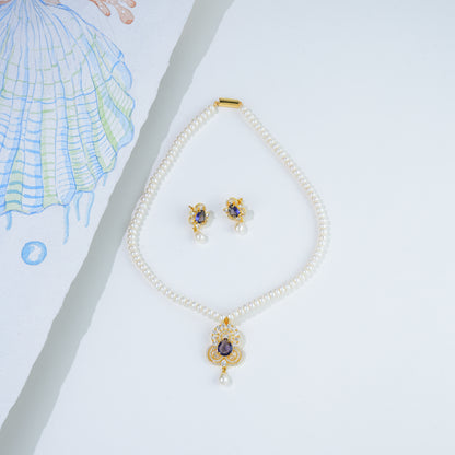 Vitreous Blue Stone Freshwater Pearl Necklace Set