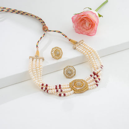 Floral Natural Ruby Freshwater Pearl Choker Set