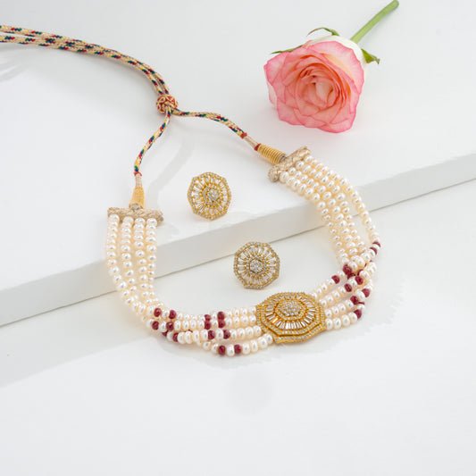 Floral Natural Ruby Freshwater Pearl Choker Set