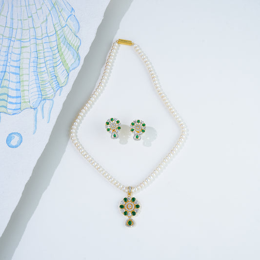 C Z with Green Stone Freshwater Pearls Necklace Set