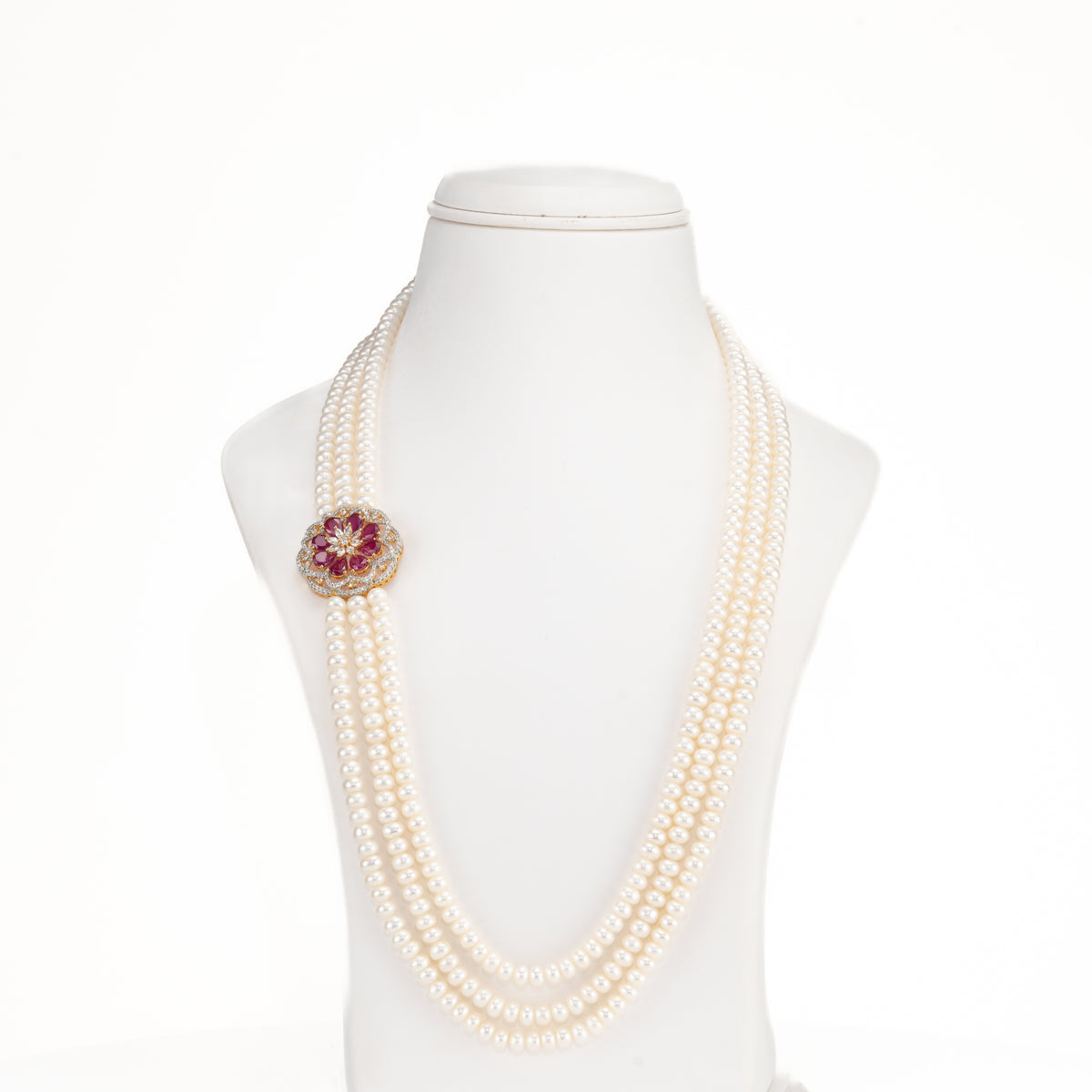 Sparkly Red Stone Side Piece Freshwater Pearl Necklace Set