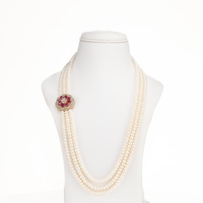 Sparkly Red Stone Side Piece Freshwater Pearl Necklace Set