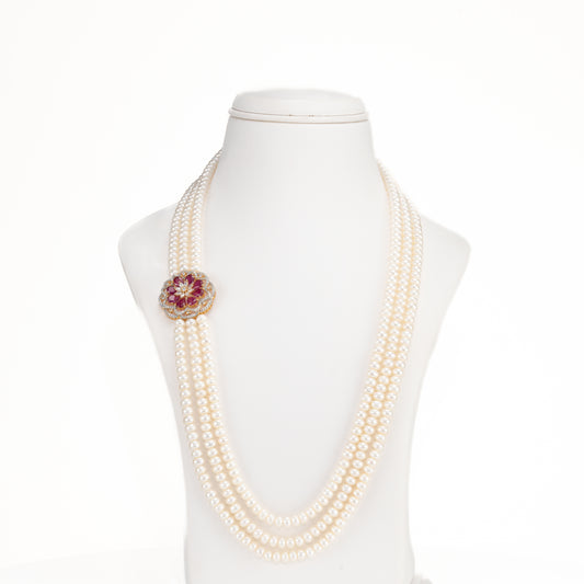 Sparkly Red Stone Side Piece Freshwater Pearl Necklace Set