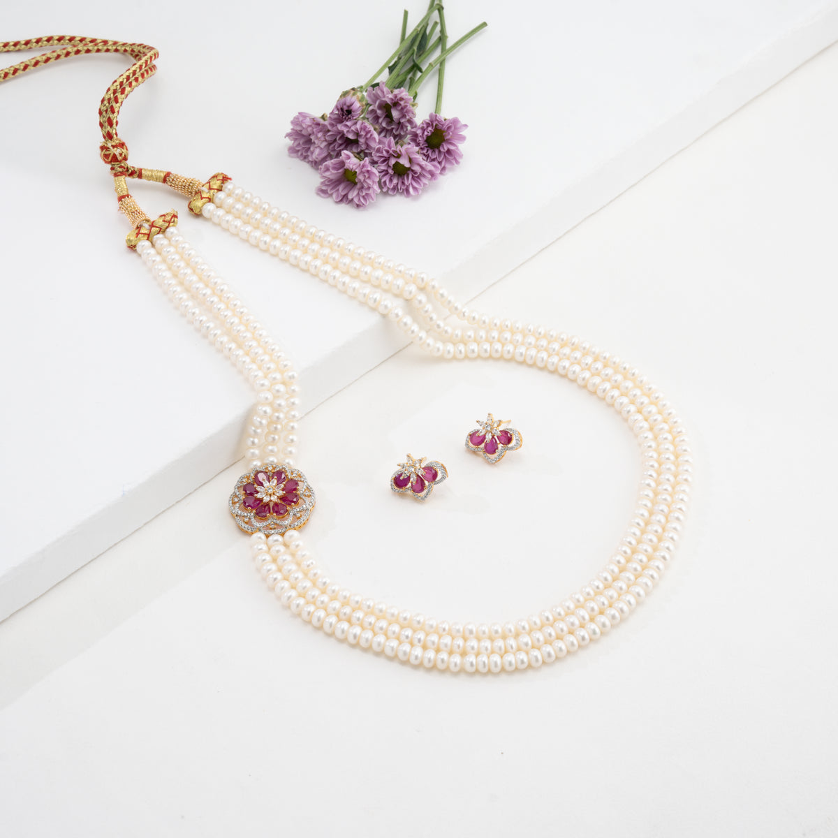 Sparkly Red Stone Side Piece Freshwater Pearl Necklace Set
