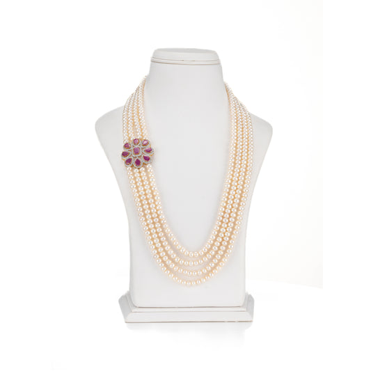 Elegant Red Stone Side Piece Freshwater Pearl Necklace Set