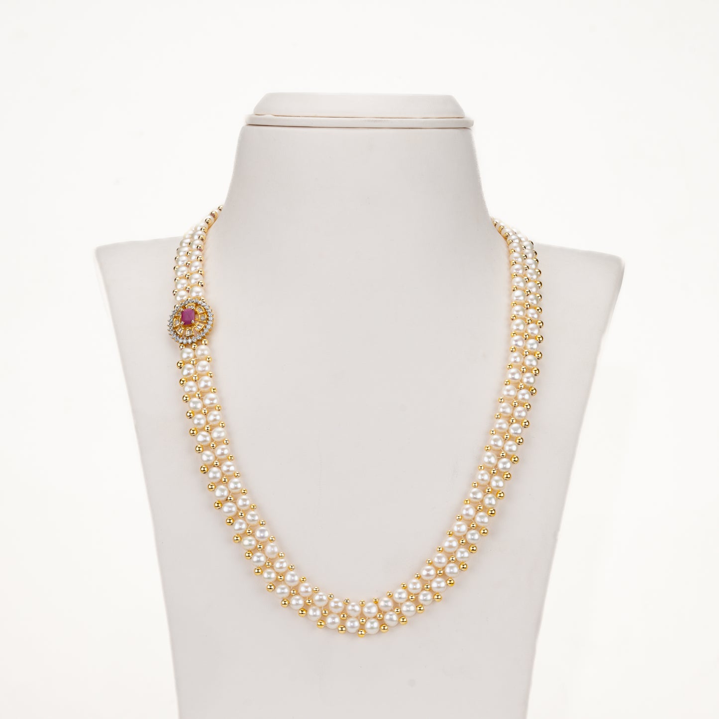 Stunning Red Stone Side Piece Freshwater Pearl Necklace and Earring Set