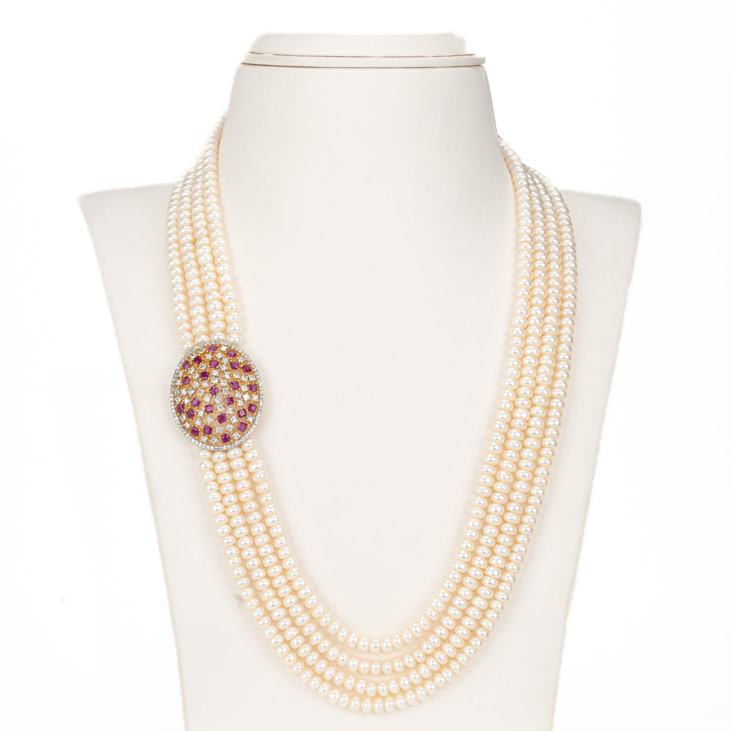 Stunning Red Stone Side Piece Freshwater Pearl Necklace and Earring Set