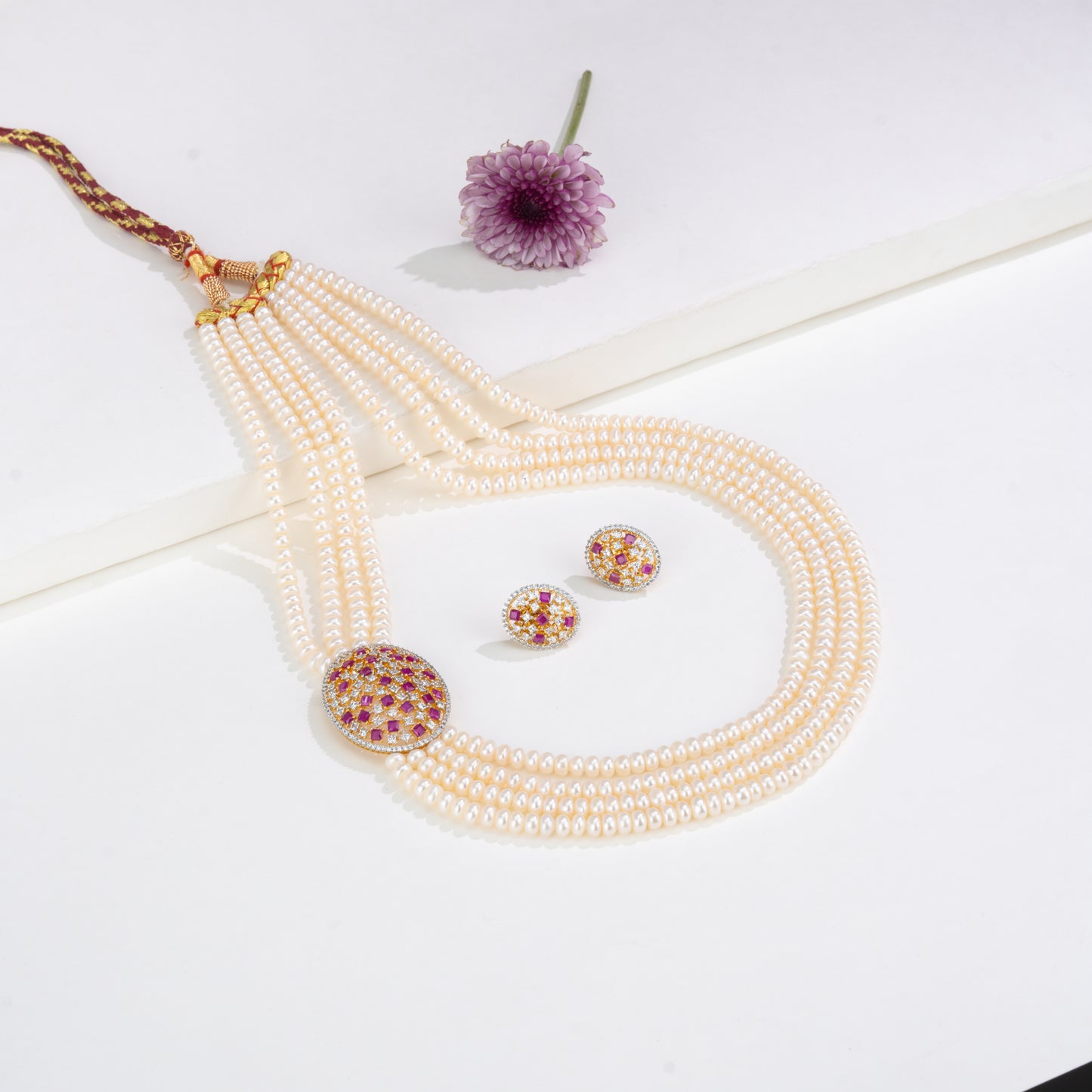 Stunning Red Stone Side Piece Freshwater Pearl Necklace and Earring Set