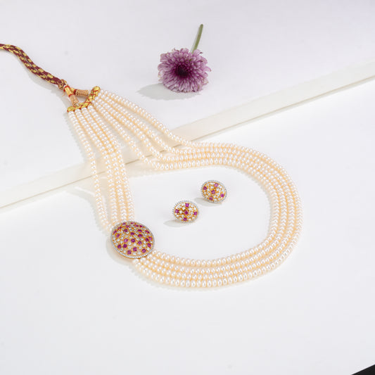 Stunning Red Stone Side Piece Freshwater Pearl Necklace and Earring Set