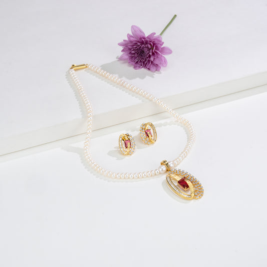 Majestic Red Stone Freshwater Pearl Necklace Set