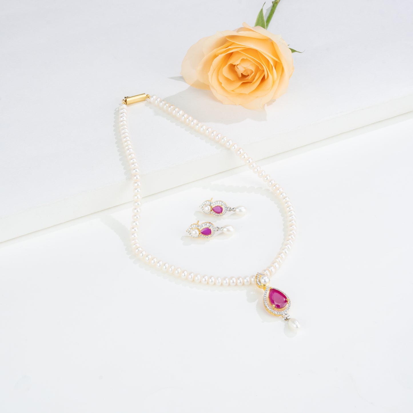 Designer Red Stone Freshwater Pearls Necklace Set