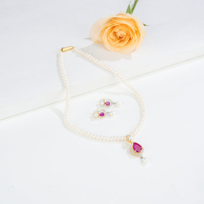 Designer Red Stone Freshwater Pearls Necklace Set
