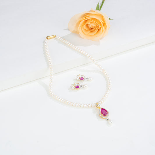 Designer Red Stone Freshwater Pearls Necklace Set
