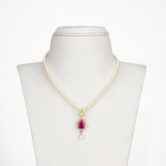 Designer Red Stone Freshwater Pearls Necklace Set