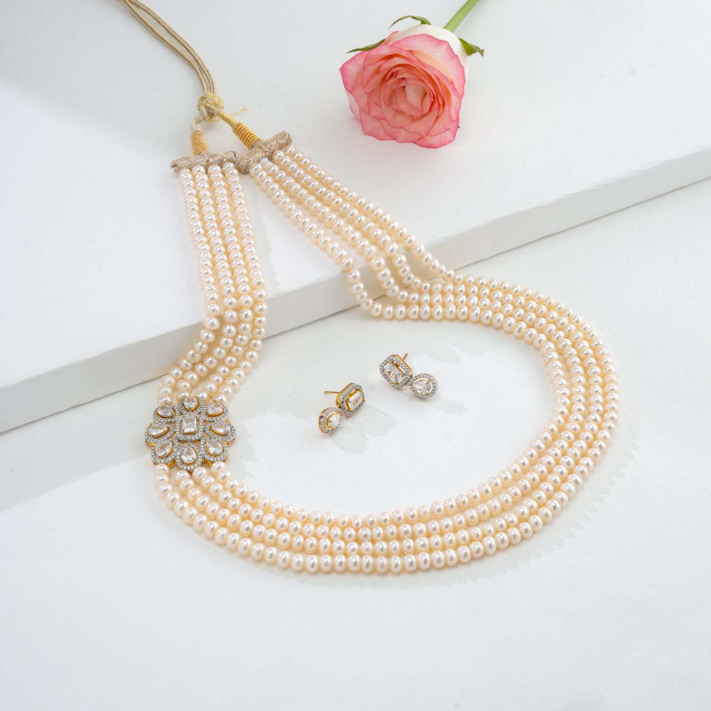 Artisanal White Stone Side Piece Freshwater Pearl Necklace Set