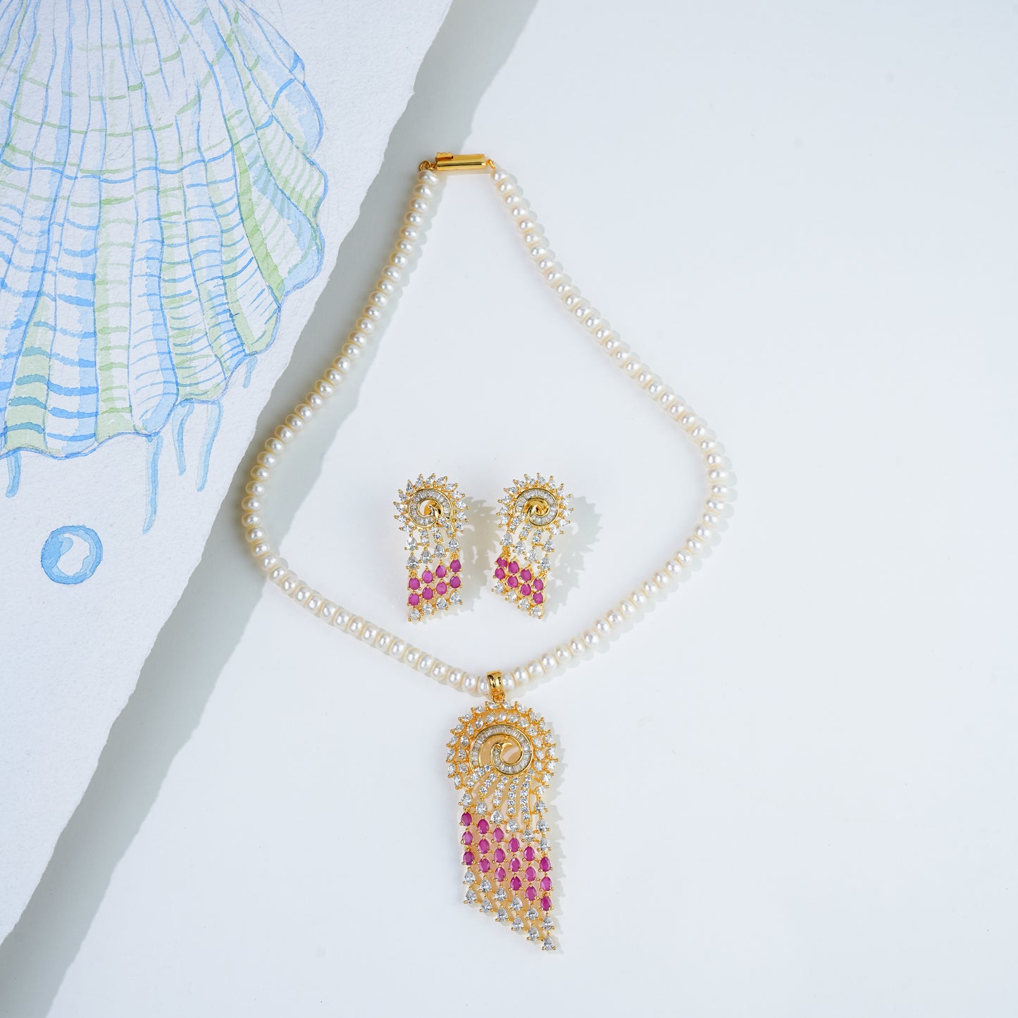 Designer Red Stone Freshwater Pearls Necklace Set