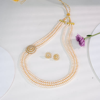 Artisanal White Stone Side Piece Freshwater Pearl Necklace Set