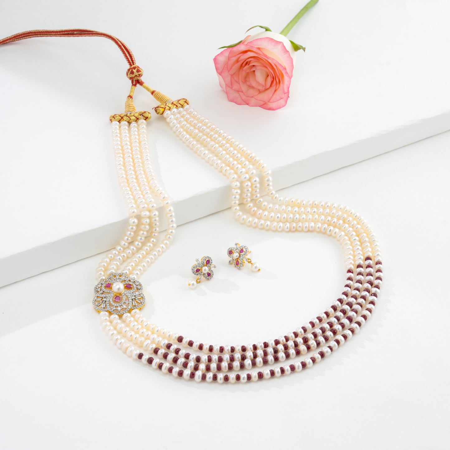 Beautiful Natural Ruby Side Piece Freshwater Pearl Necklace Set