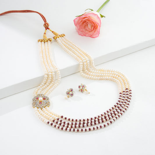 Beautiful Natural Ruby Side Piece Freshwater Pearl Necklace Set