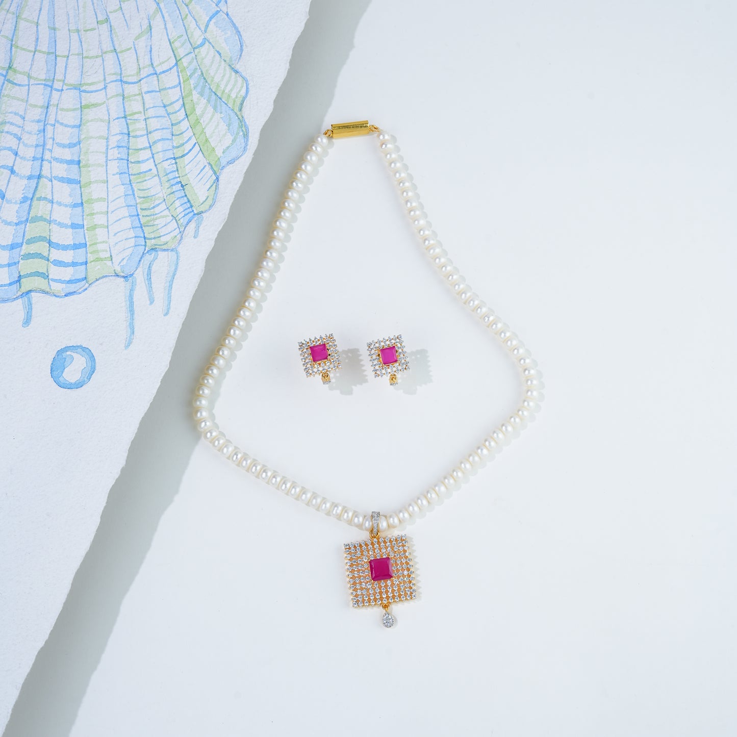 Classic Red Stone Freshwater Pearl Necklace Set