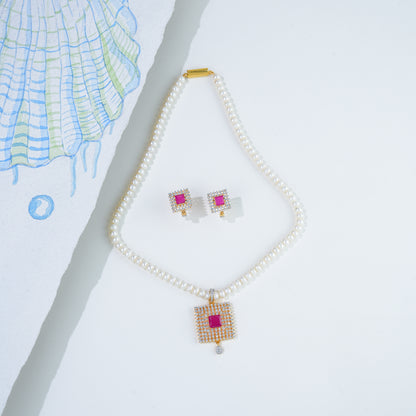 Classic Red Stone Freshwater Pearl Necklace Set