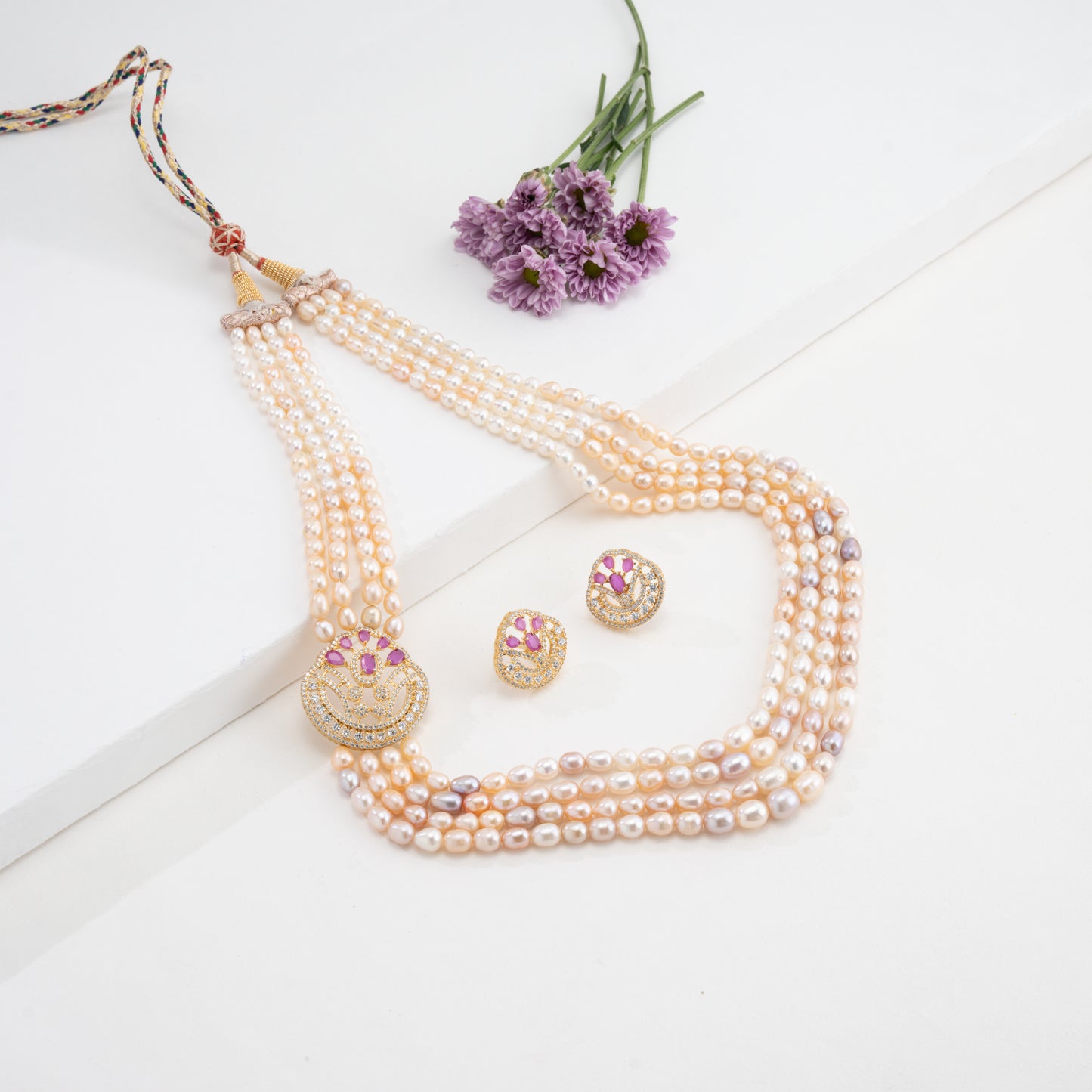 Comfortable Red Stone Multicolor Freshwater Pearl Necklace Set