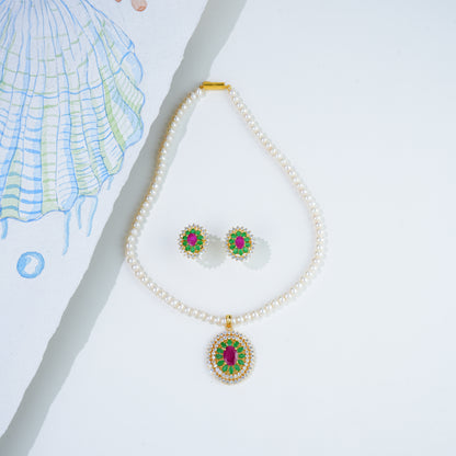 Marbled Red Green Stone Freshwater Pearl Necklace Set