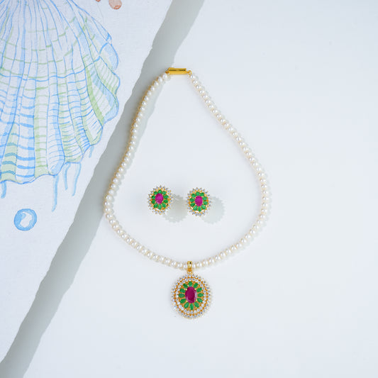 Marbled Red Green Stone Freshwater Pearl Necklace Set