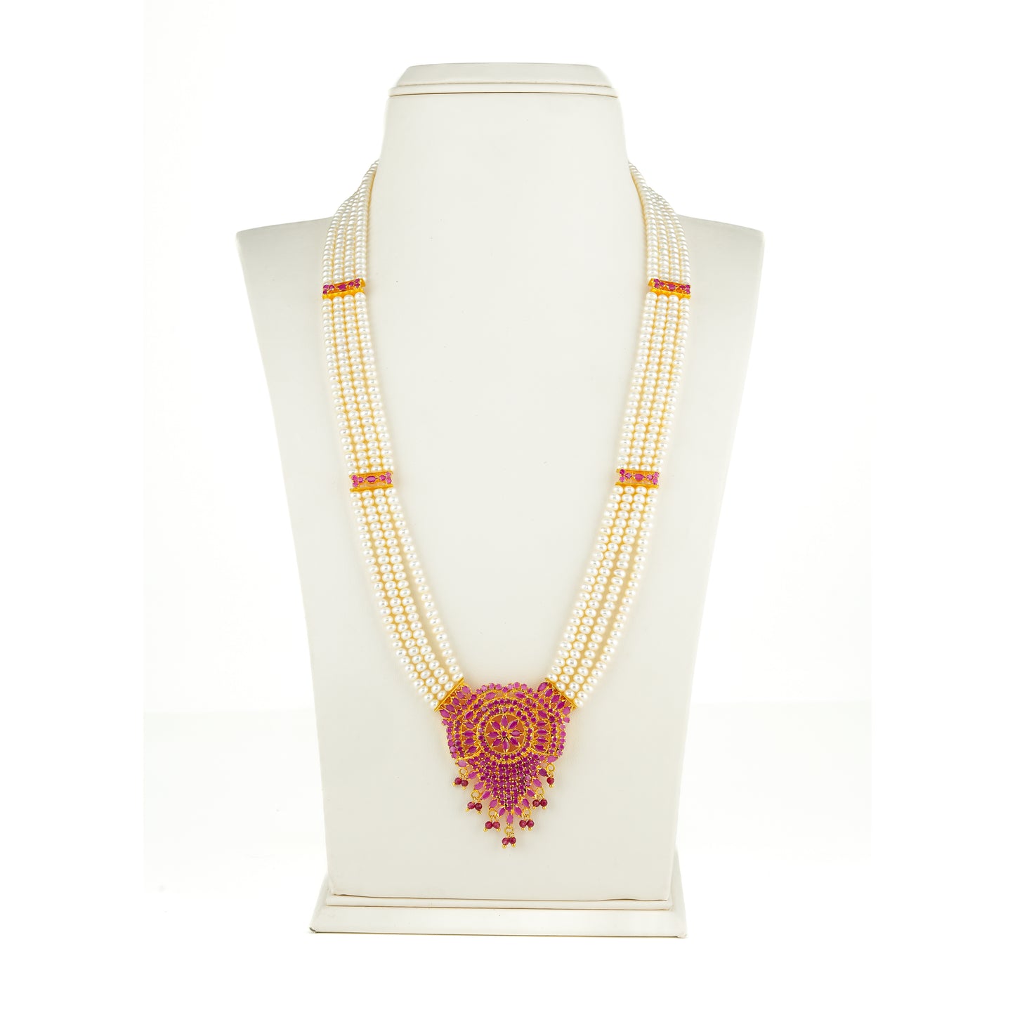 Traditional Rani Haar Red Stone With Freshwater Pearl Necklace Set