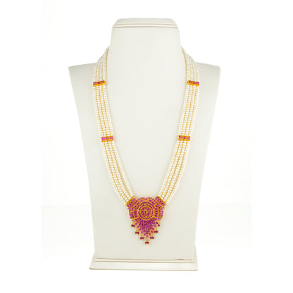 Traditional Rani Haar Red Stone With Freshwater Pearl Necklace Set