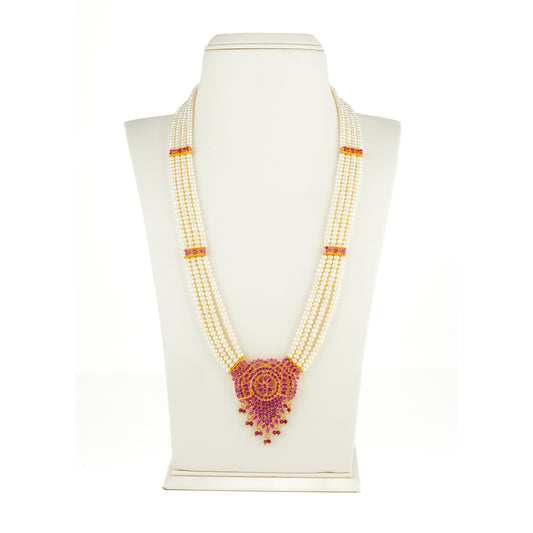 Traditional Rani Haar Red Stone With Freshwater Pearl Necklace Set
