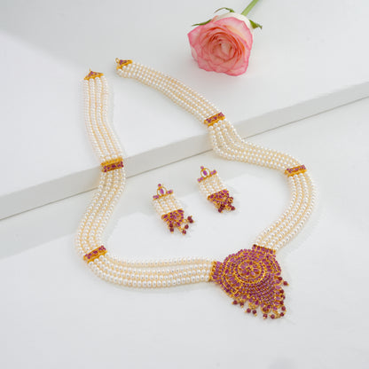 Traditional Rani Haar Red Stone With Freshwater Pearl Necklace Set