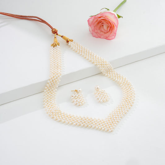 Handcrafted White Button Freshwater Pearl Necklace Set