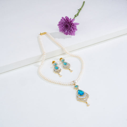 Lavish Blue Stone Freshwater Pearl Necklace Set