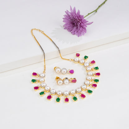 Feminine Drop Red Green Multicolor Freshwater Pearls Choker Set