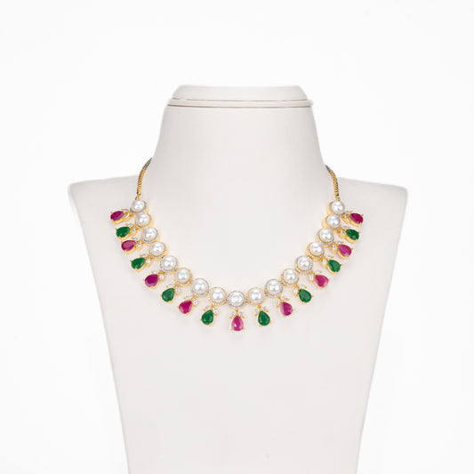Feminine Drop Red Green Multicolor Freshwater Pearls Choker Set