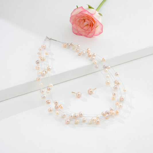 Pink Wire Freshwater Pearl Choker Set