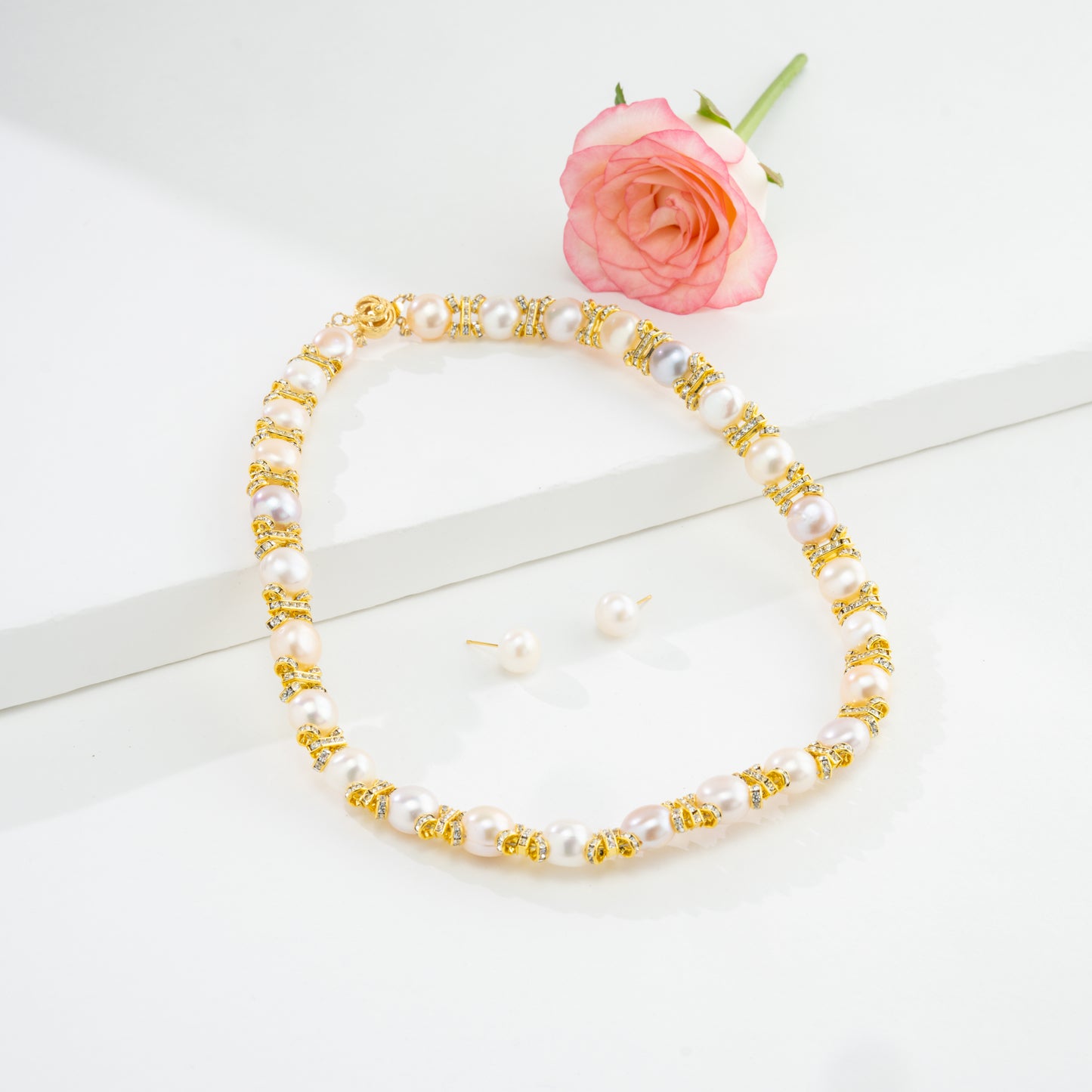 Fashionable White Stone Freshwater Pearl Choker Set
