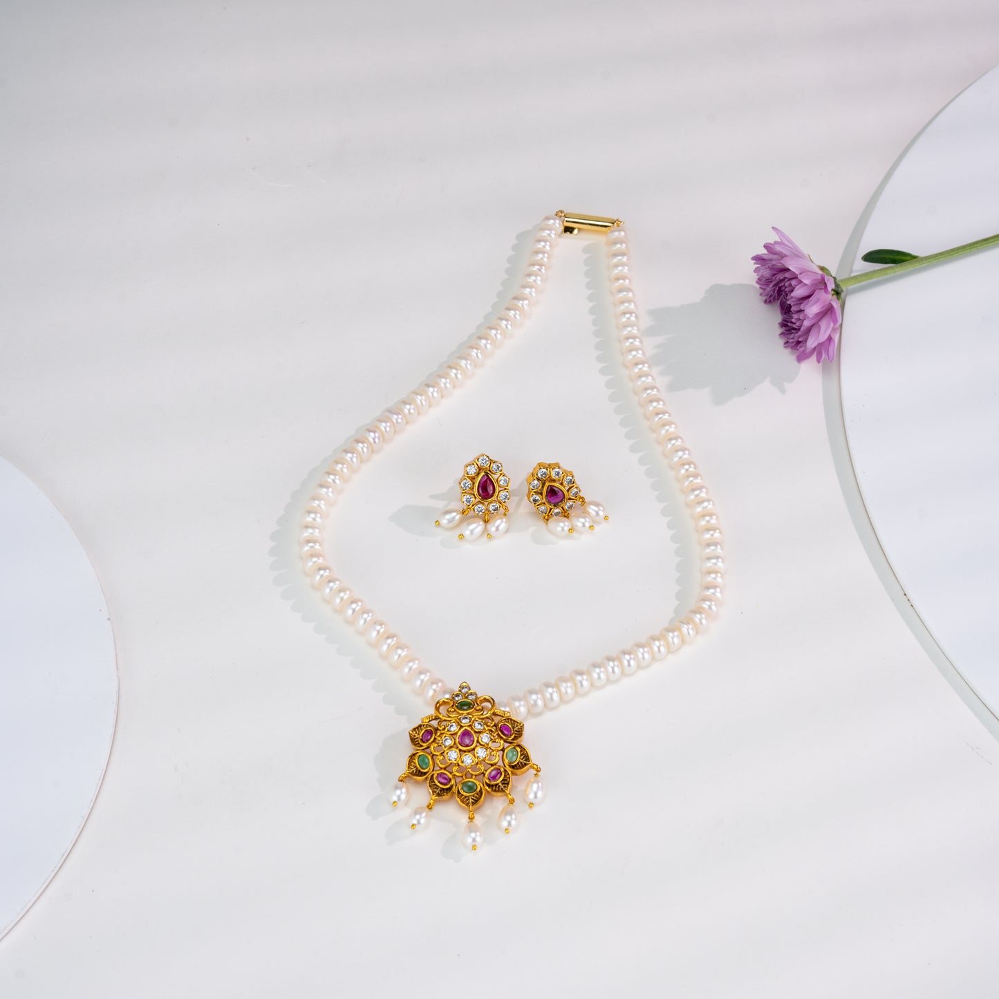 Fancy Red And Green Stone Freshwater Pearl Necklace Set