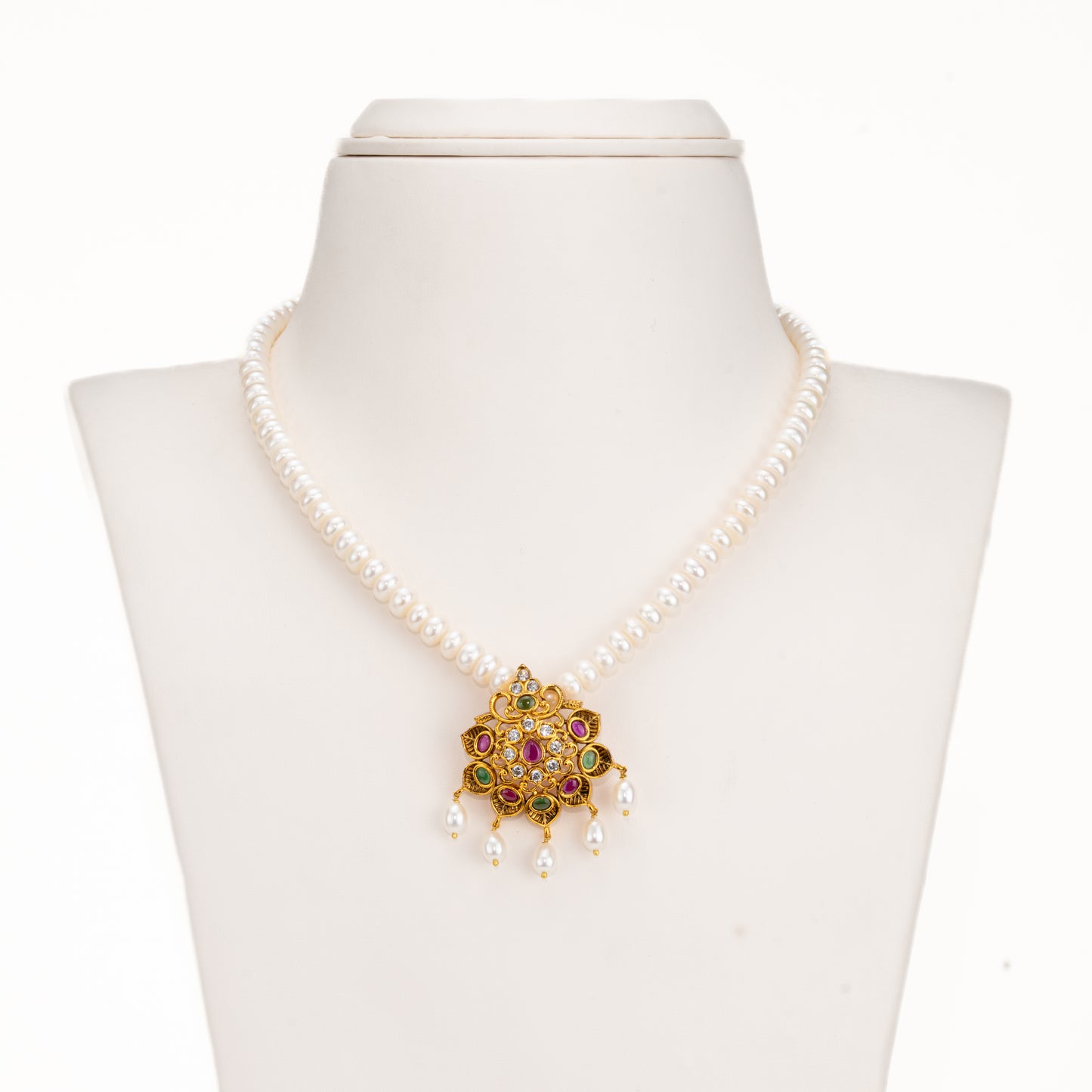 Fancy Red And Green Stone Freshwater Pearl Necklace Set